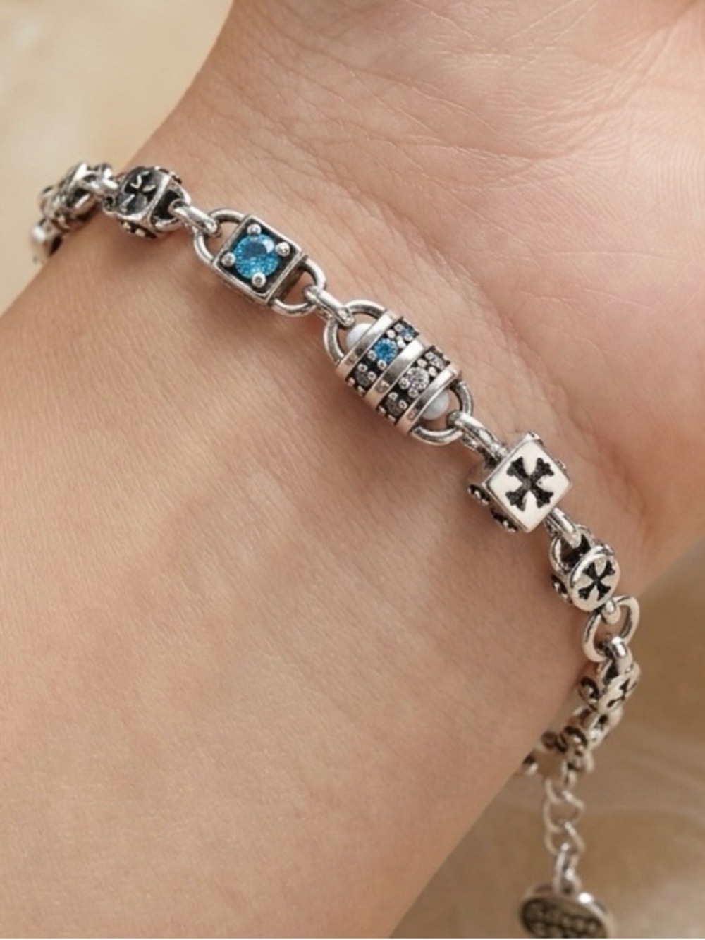 Sterling Silver Blue Crystal Charm Bracelet